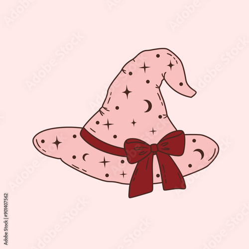 Hand drawn witch hat with dark red bow. Magic cap in pink color with stars and moon decor. Coquette halloween design. Vector illustration