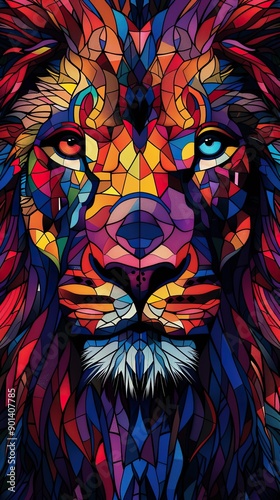 A colorful drawing of a lion with a blue eye