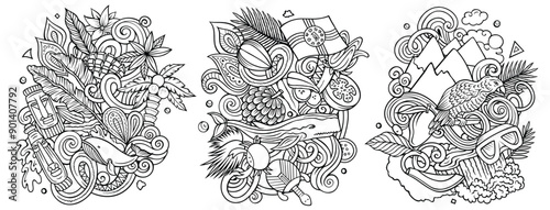 Dominica cartoon vector doodle designs set. Line art detailed compositions with lot of Dominican objects and symbols