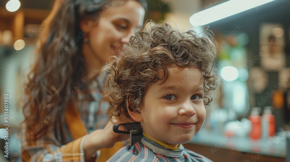 A stylist cutting a child's hair, emphasizing friendly and gentle hair care for kids A stylist cutting a child's hair, emphasizing friendly and gentle hair care for kids