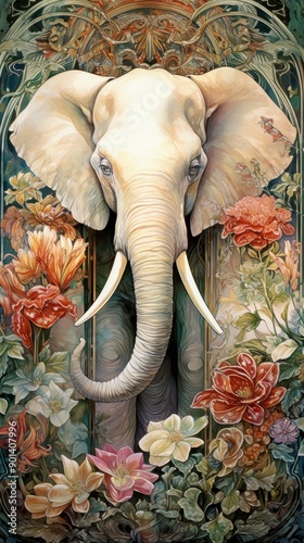 An art nouveau drawing of a elephant painting animal mammal. photo