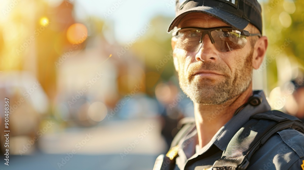 A police officer stands ready for duty on a busy street, embodying the principles of law enforcement and public service, with elements of the urban environment in warm morning light. A police officer stands ready for duty on a busy street, embodying the principles of law enforcement and public service, with elements of the urban environment in warm morning light.