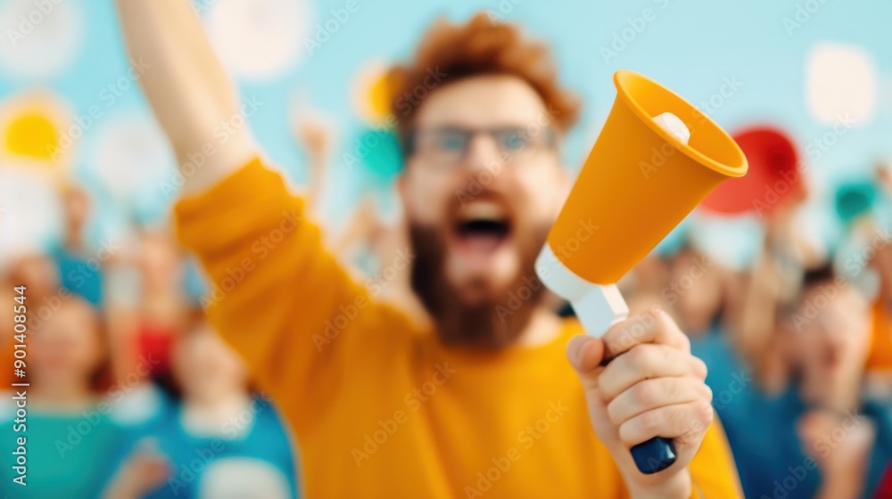 An enthusiastic man with a megaphone is energetically cheering in a vibrant crowd at an event, his joyful and lively demeanor enlivening the celebratory atmosphere around him. An enthusiastic man with a megaphone is energetically cheering in a vibrant crowd at an event, his joyful and lively demeanor enlivening the celebratory atmosphere around him.