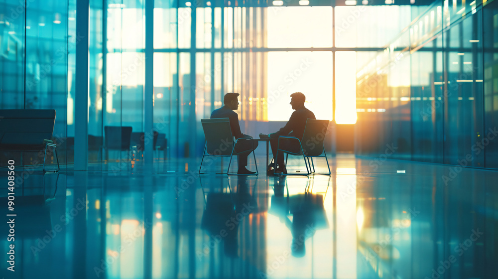 Two colleagues in a softly lit office, engaged in a discussion, with a minimalistic and clean background Two colleagues in a softly lit office, engaged in a discussion, with a minimalistic and clean background