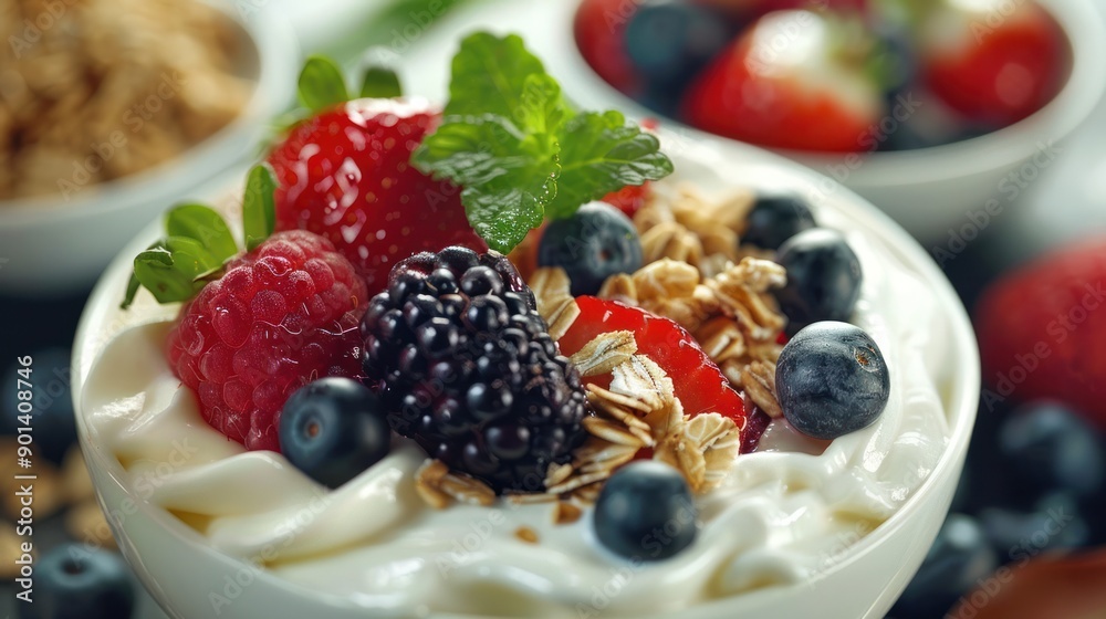 A nutritious breakfast with fresh fruits, yogurt, and granola, showcasing healthy eating habits A nutritious breakfast with fresh fruits, yogurt, and granola, showcasing healthy eating habits