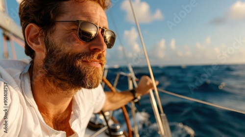 A man onboard a sailboat navigates the blue ocean waters under a clear, sunny sky, embodying adventure and freedom as the wind propels his vessel forward joyously.