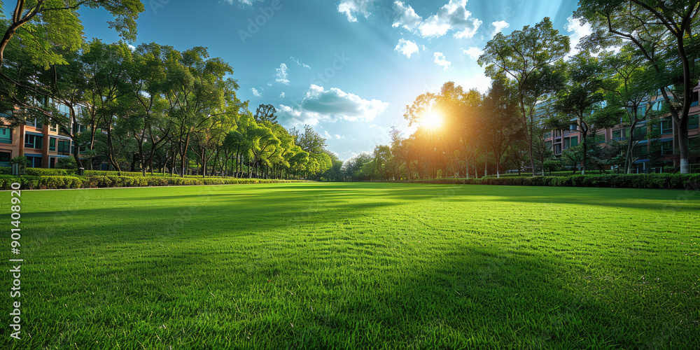 A serene landscape featuring a green field, trees, and distant buildings, all bathed in sunlight. ideal for games or events. A serene landscape featuring a green field, trees, and distant buildings, all bathed in sunlight. ideal for games or events.