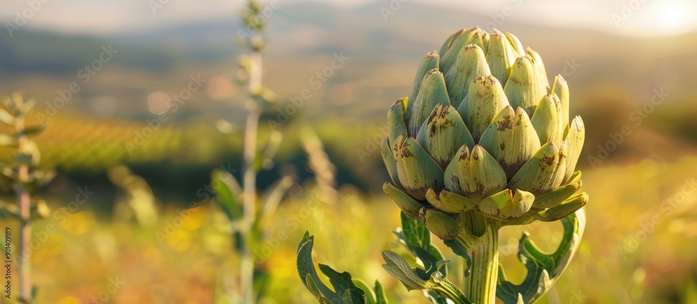 Fototapeta premium Scenic view of a ripe artichoke Cynara cardunculus amidst a Mediterranean field embodying freshness and health in an alkaline diet concept Background offers copy space image