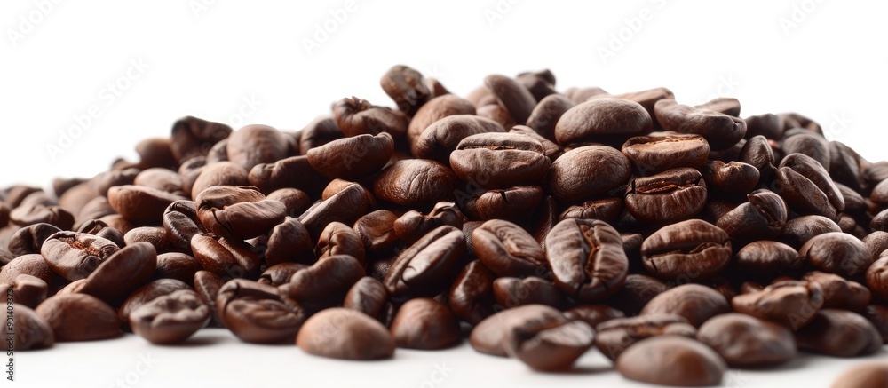 Close up of a heap of coffee beans on a white background with copy space image perfect for text placement Begin your day with a fresh brew Close up of a heap of coffee beans on a white background with copy space image perfect for text placement Begin your day with a fresh brew