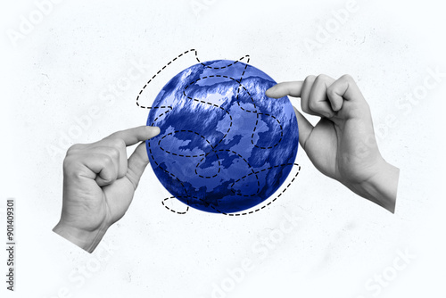 Fototapeta Naklejka Na Ścianę i Meble -  Composite photo collage of hands choose direction summer travel route eco globe continent immigration isolated on painted background