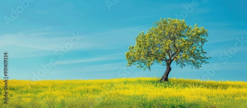 Colorful spring landscape featuring blooming rapeseed fields and a tree set against a vivid blue sky providing a picturesque natural backdrop with ample copy space for an image