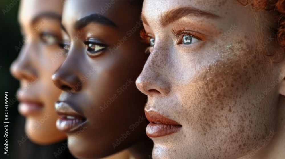 A diverse group of women with different skin tones, celebrating their natural beauty and unique features