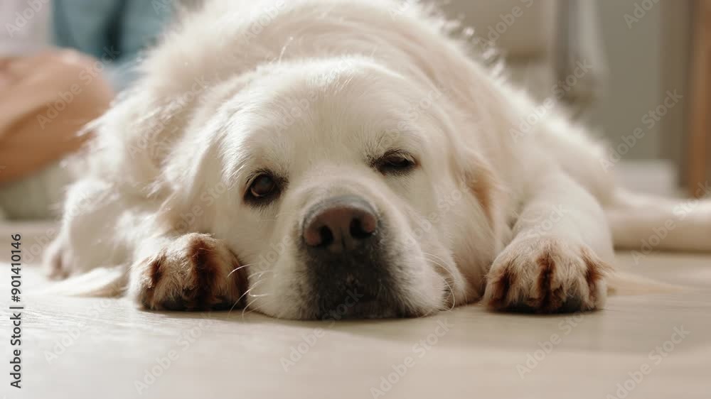 Content White Golden Retriever Dog Laying on the Floor, Drowsy and Relaxed in a Calm and Tranquil Setting Content White Golden Retriever Dog Laying on the Floor, Drowsy and Relaxed in a Calm and Tranquil Setting