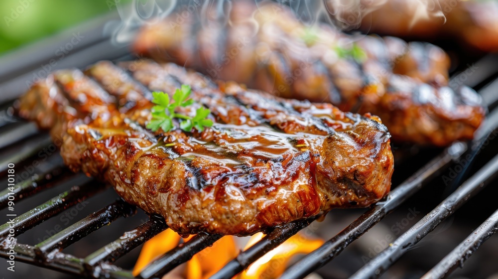 A close-up of a perfectly grilled steak sitting on a barbecue grill, garnished with fresh herbs and sizzling over an open flame, conveying the essence of delicious outdoor cooking.
