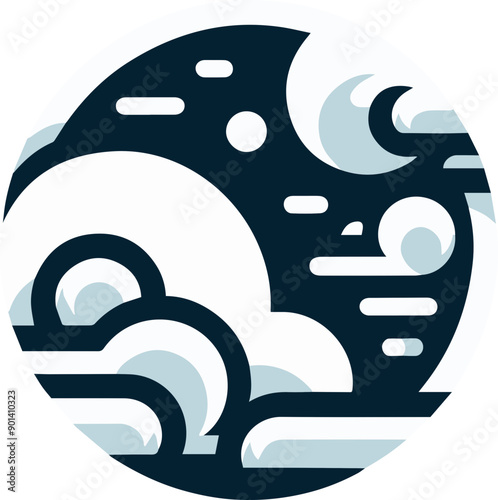 Stylized abstract illustration of clouds and moonset in a circular format, perfect for creative projects or digital media. photo