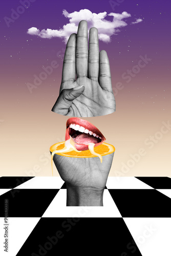 Fotografi Composite collage image of surreal painting artwork hand gesture hello mouth ora