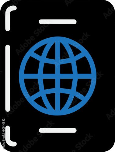 A modern icon depicting a passport with a globe, symbolizing travel, exploration, and international journeys.