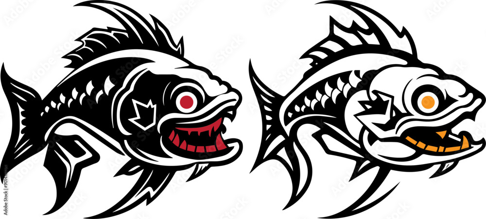 Dynamic illustration of two stylized fish designs with sharp features and contrasting colors. Perfect for bold graphic use. Dynamic illustration of two stylized fish designs with sharp features and contrasting colors. Perfect for bold graphic use.