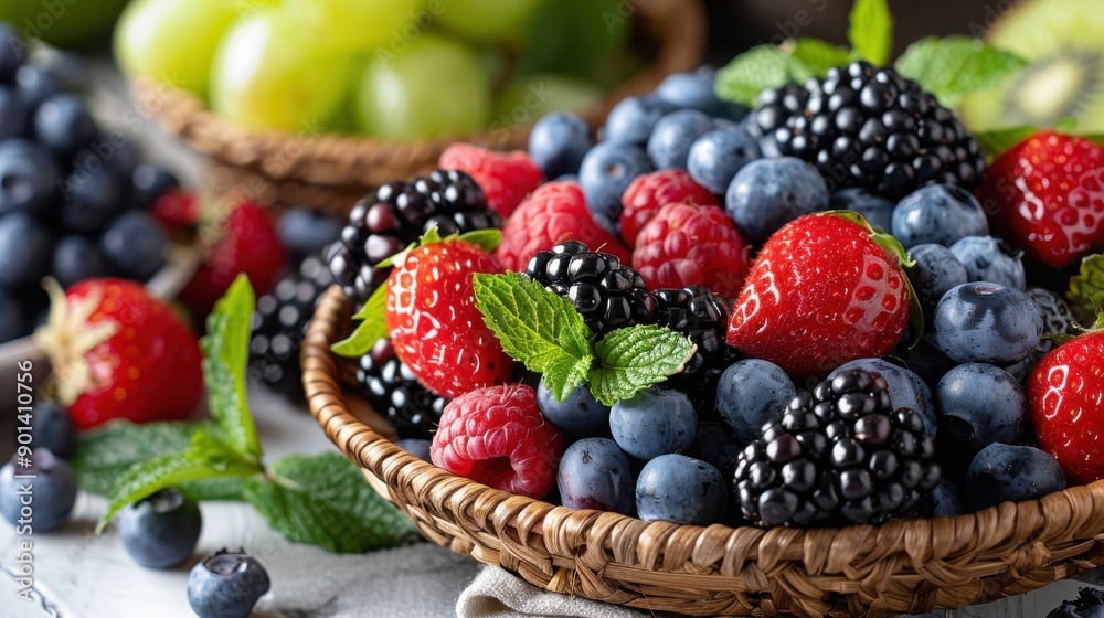 A basket filled with fresh berries such as strawberries, blueberries, blackberries, and raspberries, garnished with mint leaves. Displayed on a white cloth with a rustic background. A basket filled with fresh berries such as strawberries, blueberries, blackberries, and raspberries, garnished with mint leaves. Displayed on a white cloth with a rustic background.