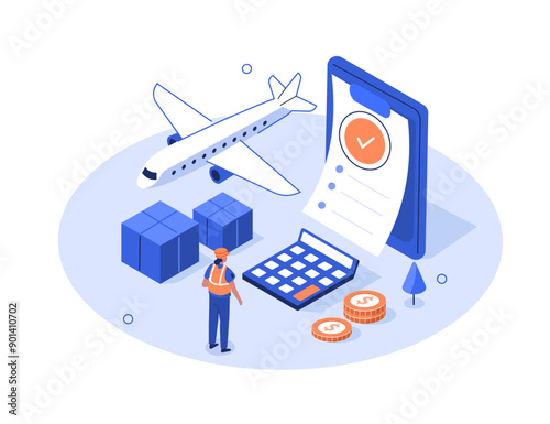 Customs inspector at check cargo clearance tax form and calculate import fees. Worldwide shipment and delivery service concept. Isometric vector illustration.