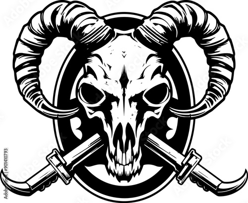 A detailed illustration of a ram skull with crossed swords, embodying strength and fierce symbolism in black and white.