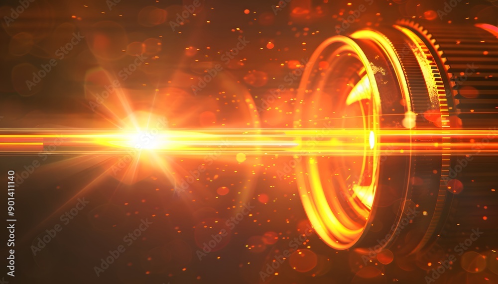 Fototapeta premium camera lens closeup lit by orange and purple neon light