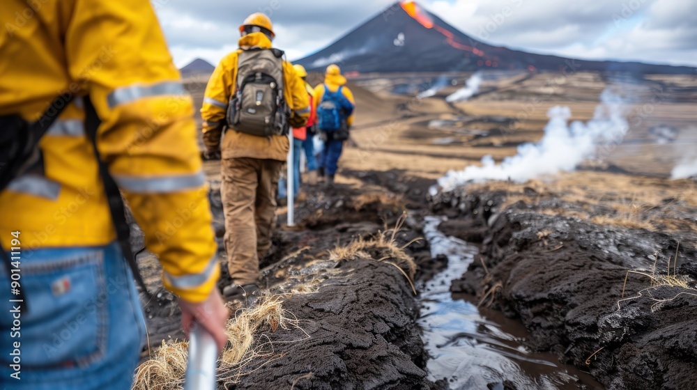 Scientists trekking across a volcanic field with protective gear, showcasing dedication to research and the pursuit of knowledge amid challenging and dangerous environments. Scientists trekking across a volcanic field with protective gear, showcasing dedication to research and the pursuit of knowledge amid challenging and dangerous environments.