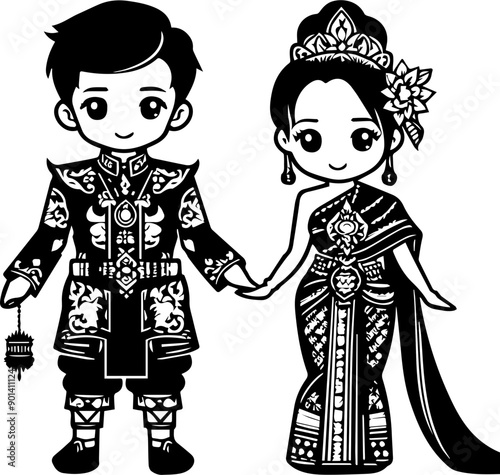 Charming couple in traditional attire holding hands, showcasing love and cultural heritage in a delightful illustration.