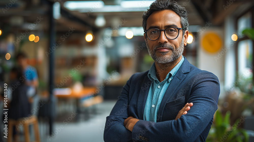 Indian company executive manager with arms crossed, happy and confident in his office environment. Indian company executive manager with arms crossed, happy and confident in his office environment.
