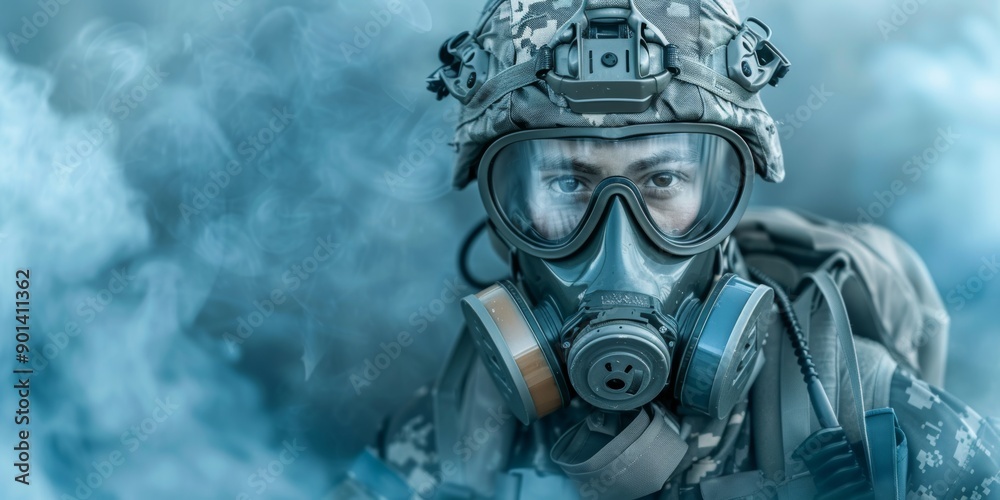 Portrait of a special forces soldier in a gas mask and full military gear. 