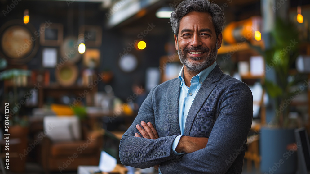 Indian company executive manager with arms crossed, happy and confident in his office environment. Indian company executive manager with arms crossed, happy and confident in his office environment.