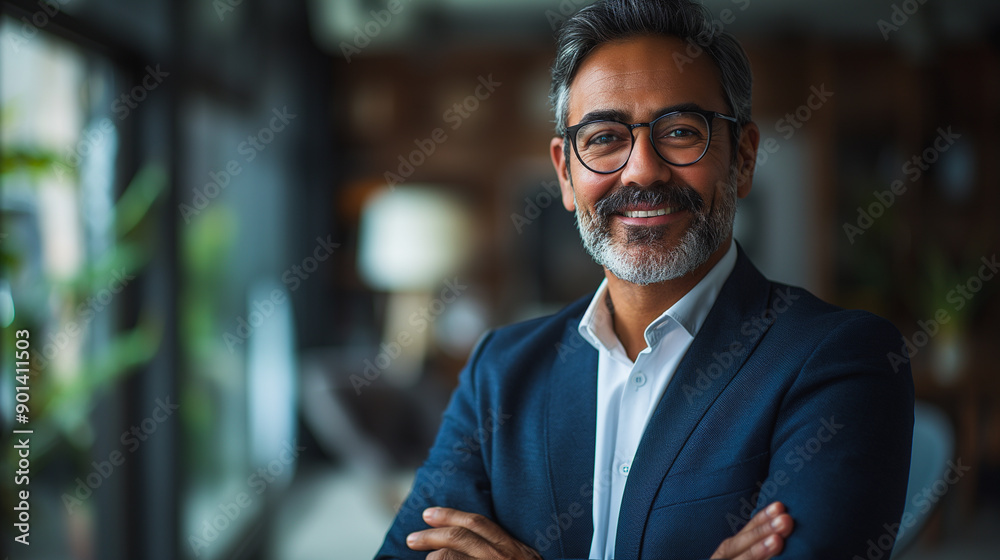 Naklejka premium Confident Indian businessman standing with arms crossed, professional leader smiling in a modern office.