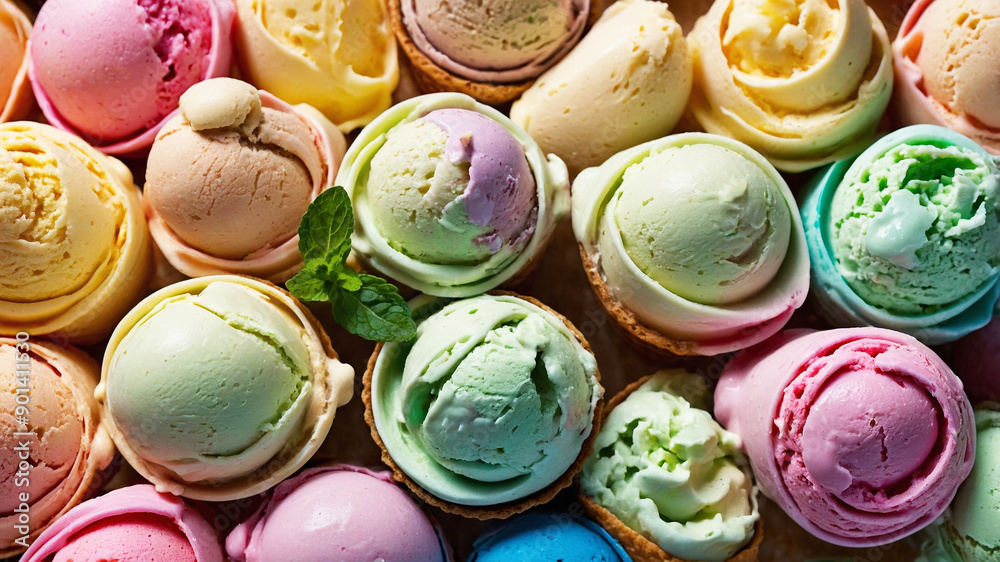 Close-up of colorful ice cream scoops in cones
