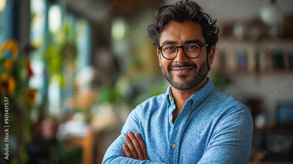 Fototapeta premium Smiling male Indian employee, business executive manager standing with arms crossed, exuding confidence in the office.