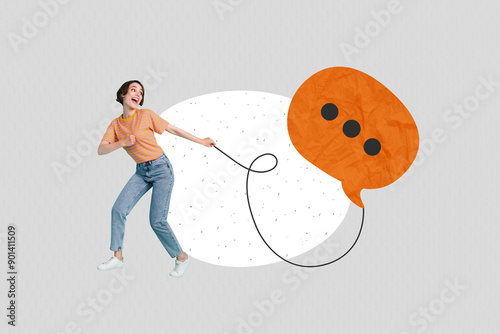 Composite photo collage of happy girl carry rope text box bubble communication speech conversation monologue isolated on painted background
