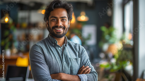 Smiling male Indian employee, business executive manager standing with arms crossed, exuding confidence in the office.