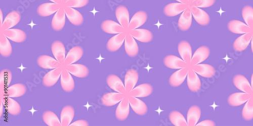 Seamless pattern with pink pastel gradient flowers. Aura y2k illustration with blurry effect for textile, wrapping paper, fabric, background, wallpaper, print design, cover. Vector