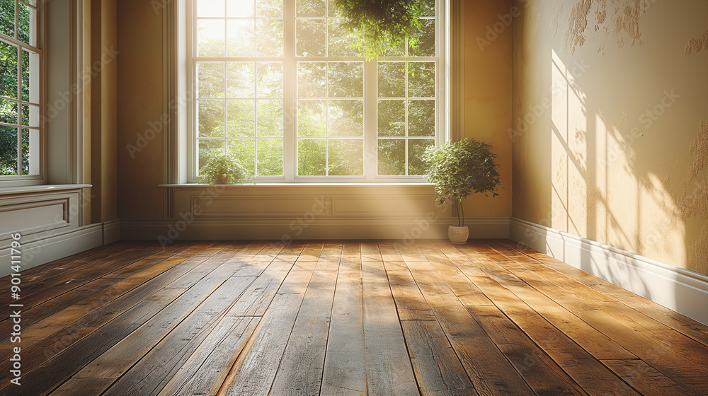 © CreativeIMGIdeas - Interior background of an empty room, wooden floor, and wall, highlighted by sunlight glare from a window.