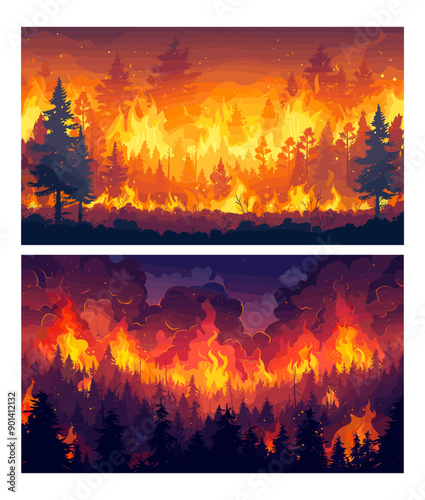 forest fire background. disaster tragedy fire elements fireman firefighters rescuers smoke danger forest death nature. vector illustration