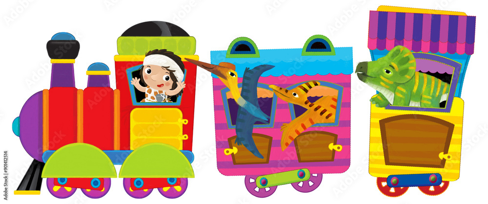 Cartoon funny looking colorful wagon with dino dinosaur animal lizard and caveman conductor isolated illustration for children Cartoon funny looking colorful wagon with dino dinosaur animal lizard and caveman conductor isolated illustration for children