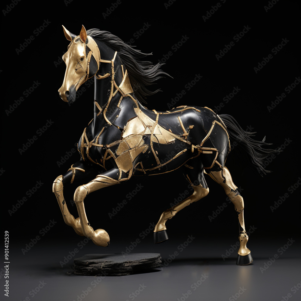 Obraz premium Kintsugi style Horse Isolated Black Background. Generated Ai