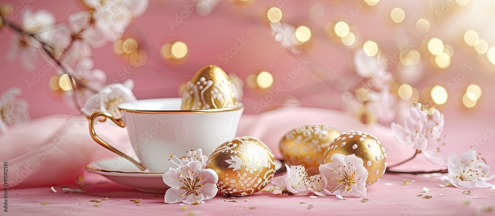 A pretty Easter scene with golden decorative eggs a porcelain cup and a flower on a pink backdrop The focus is selective with room for text or images. copy space available A pretty Easter scene with golden decorative eggs a porcelain cup and a flower on a pink backdrop The focus is selective with room for text or images. copy space available