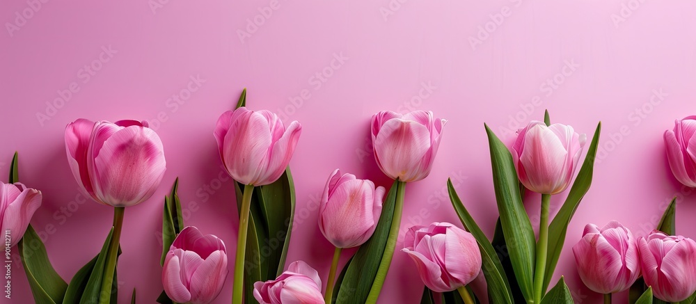 Pink tulips displayed on a pink paper background with copy space image Pink tulips displayed on a pink paper background with copy space image