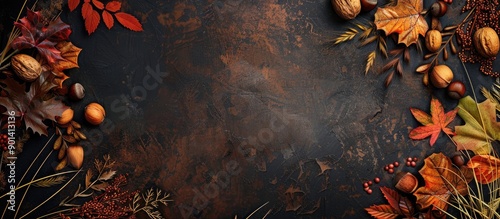 Colorful fall foliage nuts and grass in a corner border atop a rustic dark banner background shown from above with a copy space image below