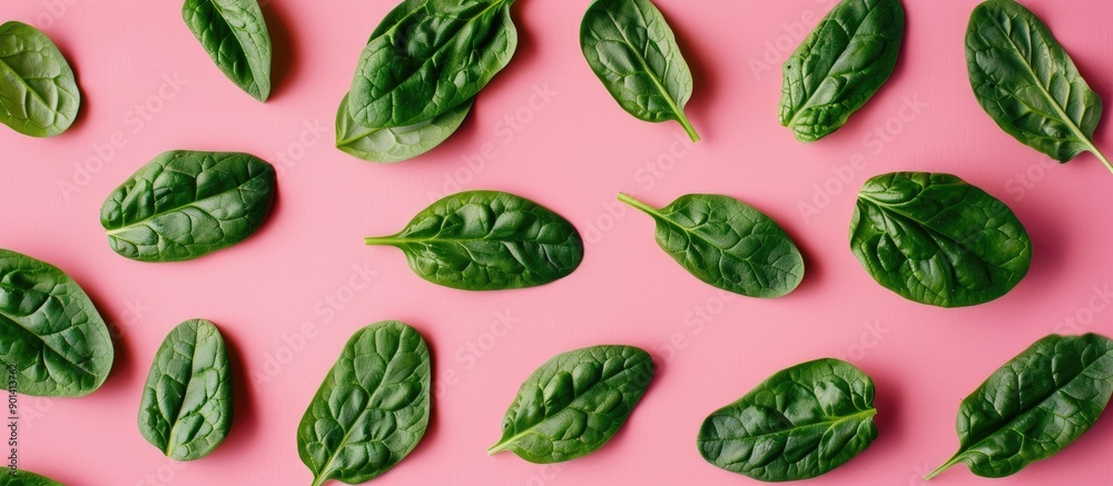 Green spinach leaves on a pink background in a flat lay top view offering a creative food concept with a vegetable pattern design for a healthy lifestyle ideal for use as a copy space image