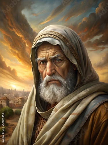 An Old Testament prophet in national Jewish clothing against a dramatic cloudy sky photo