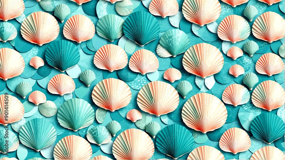 illustration of a geometric pattern featuring stylized shells and oceanic elements in a cool color palette. Background. 3 illustration of a geometric pattern featuring stylized shells and oceanic elements in a cool color palette. Background. 3