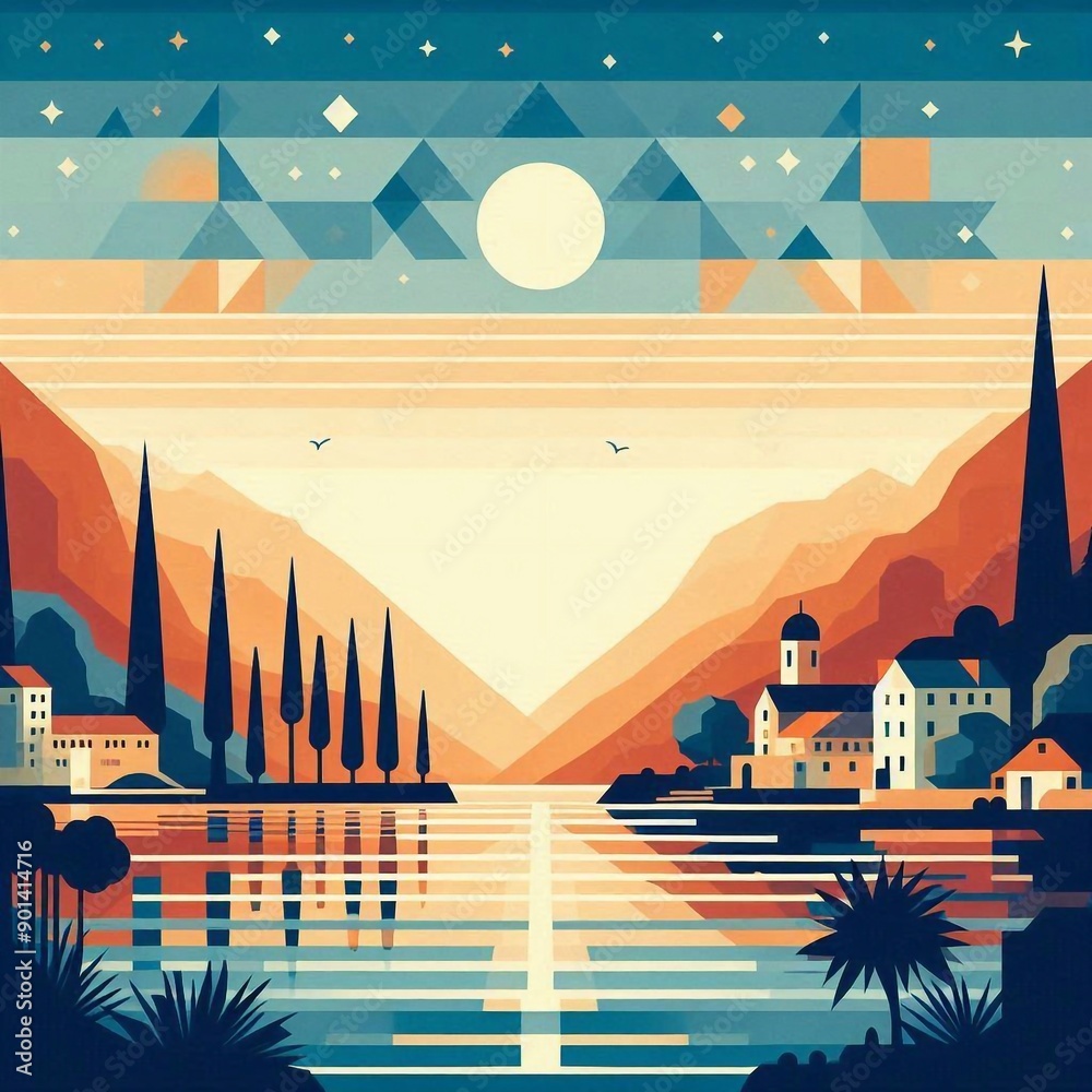 Naklejka premium Montenegro geometric art style landscape. AI generated illustration