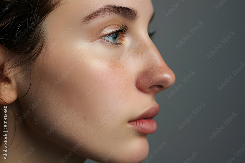 Side view of woman with bumpy aquiline nose in front of gray background Side view of woman with bumpy aquiline nose in front of gray background