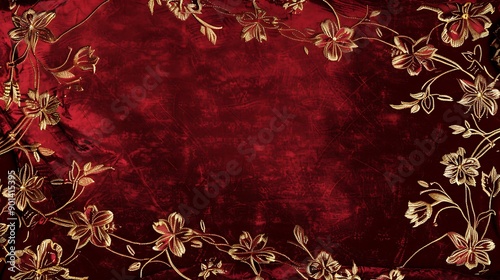 Luxury Red Velvet Background with Ornate Golden Floral Border Vintage Decorative Frame.